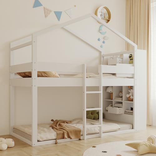 Litera Infantil de Madera con Almacenaje en Ambas Camas, Cumple Norma EN747, Cama Juvenil con Somier y Espacio de Almacenaje, Apta para Dormitorio y Habitación Compartida, Blanco, 90 x 200 cm