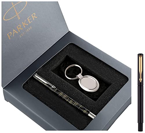 Image of Parker Vector Gift Set Spark Black Roller Ball Pen with Round Key Chain & Vector Standard Gold Trim Roller Ball Pen, 1 Count (Pack of 1)