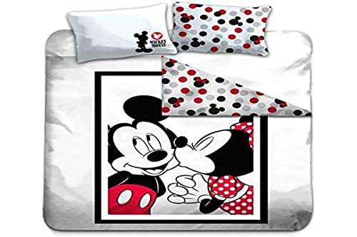 Parure de Lit Disney Mickey et Minnie Double, Housse de Couette 240x220 cm + 2 Taies d'oreiller 63x63 cm, 100% Polyester…