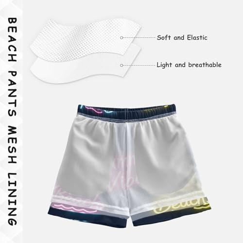 Sun Neon Summer Vibes Beach Inseam Board Shorts Youth Teen Stretch Swim Shorts Drawstring Double Layer Beachwear 2T4