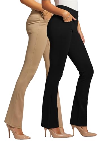 Conceited 2-Pack Stretch Slacks for Women - Wear to Work - Bootcut Dress Pants with Pockets - Khaki, Black - (Medium)