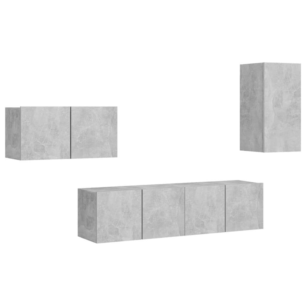 4-TLG. TV-Schrank-Set, Betongrau Holzwerkstoff, Hängend, Modernes Media-Center, Wandmontage, Stauraum für Wohnzimmer, Schlafzimmer