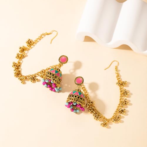 Vintage Indian Colorful Bell Tassel Dangle Drop Earrings for Women Boho Multicolor Jhumka Jhumki Stud Earring with Hair Chain Bohemian Ethnic Mexico Gypsy Bollywood Statement Fashion Jewelry3