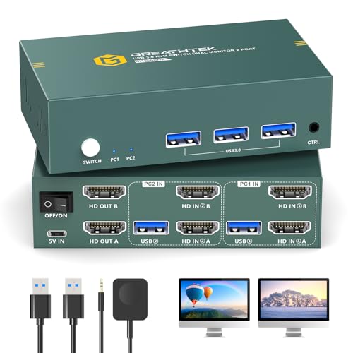Image of Dual Monitors HDMI KVM Switch 2 Computers 2 Monitors USB3.0 4K@60HZ 2 Port KVM Switcher for 2 PC /Laptop Share 2 Screen,Remote Control,EDID Supported