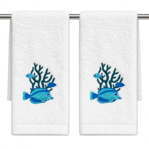 Coastal Guest Fingertip Hand Bathroom Towels, Aqua Coral Fish, 12x18"