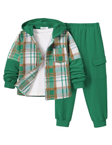 Image of 2Pcs Boys Clothes Sweatsuit Set Hoodie Flannel Plaid Shirt and Jogger Pants for Kids Fall Winter Spring Outfits