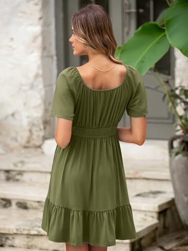 Image of Simplee Womens Summer Dresses 2026 Mini Square Neck Casual Short Sleeve Shirred Flowy A-Line Dress with Pockets