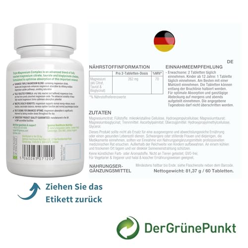 Igennus Fortschrittlicher Dreifach-Magnesium-Komplex, vollständig ausreagiertes & chelatiertes Glycinat, Taurat & Citrat, Clean Label, hohe Bioverfügbarkeit & Absorption, 60 Tabletten, Vegan