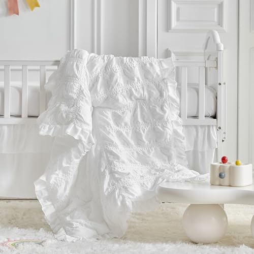 Image of Ruffled Crib Bedding Set Baby Boho Quilted Comforter with Fitted Sheet and Bed Skirt - Cute Soft Breathable Seersucker Ruffled Shabby Chic Bedding Soft Blanket Design - White