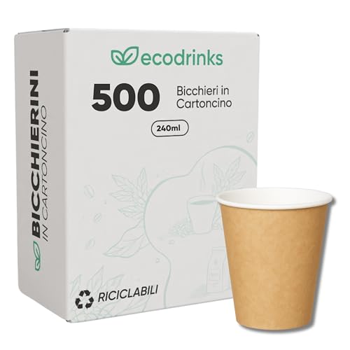 ecodrinks - 500 Bicchieri Carta Avana 240ml - Per Acqua, Cocktail, Bevande Calde e Fredde - Biodegradabili, Eco-friendly e Made in Italy