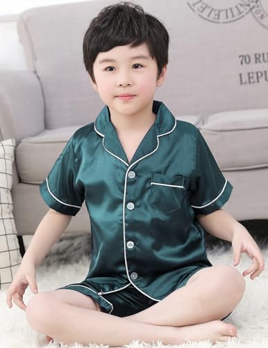 Pajama Set for Kid Boy Girl Button-up Silk Pajama Sleepwear Nightwear Loungewear Set Gifts Short Sleeve Loungewear4