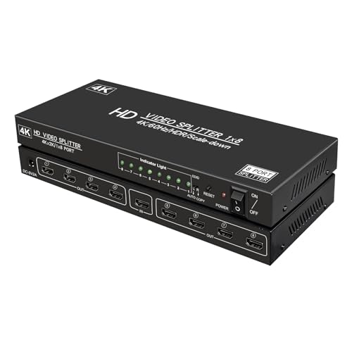 Divisor HDMI 4K a 60Hz 1x8 1 en 8 salidas, 4:4:4, 18 Gbps, divisor HDMI 2.0 alimentado por 8 puertos, compatible con escalador automático, sincronización 4K 1080P, HDR10, 3D, solo pantallas de