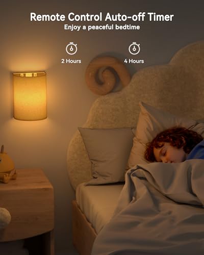 Image of Battery Operated Wall Sconce Night Lights for Bedroom Set of 2, Wireless LED Wall Lamp with Remote & Timer, Linen Fabric Shade Cordless Indoor Wall Mounted Lighting Fixture for Living Room Bedside