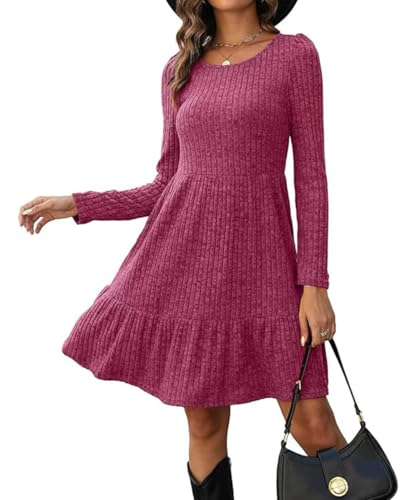 ABINGOO Damen Langarm Pulloverkleid Rundhals A-Linie Freizeitkleid Elegant Langarmkleid Herbst Winterkleid Einfarbige Lässiges Tunikakleid(Rosa,M)