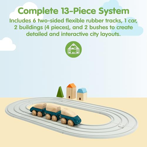 Image of PlanToys Rubber Road & Rail Set Small Montessori Play Set | Imagination, Problem Solving and Early Movement Exploration | Eco Friendly Road and Rail Set for Meaningful Play