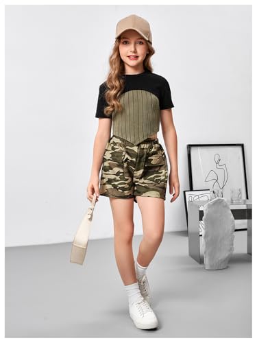 Image of GORGLITTER Girl's Summer Outfits 3 Piece Ribbed Knit Tank Top Short Sleeve Crop T Shirt Camo Shorts Sets Size 8-12 Black and Green 11Y