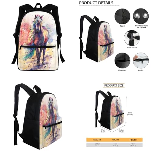 doginthehole Middle School Backpack School Bag for Kids Girls Boys, Lightweight Travel Daypack Bookbag Art Watercolor Horse Design Rucksack Lunch Box Pencil Bag, Set of 32