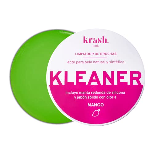 KRASH KOSMETICS - Limpiador de brochas de maquillaje - Jabón Sólido Limpia Pinceles Pelo Natural y Sintético - Manta de Silicona en la tapa - Olor a Mango - Ideal para Viaje - Vegano