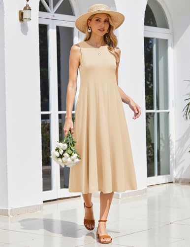 Image of HOTOUCH Summer Casual Dresses for Women Sleeveless Midi Dress Swing Tank Sundress Pleated Tshirt Dress with Pockets