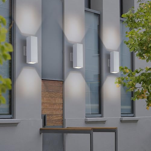 Image of Cerdeco 13 inch White Square Modern Outdoor Wall Light Exterior Wall Sconce | E26 Base,UL listed,Aluminum Up and Down Lights Outdoor Exterior Wall Light Fixture Porch Light for House Garage Patio Garden