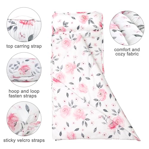 Image of PHF Soft Toddler Nap Mat with Removable Pillow, Rollup Design Kids Sleeping Mat, Slumber Bags for Girls, 50 inchx20 inch Toddler Sleeping Bag for Daycare Preschool Travel Camping, Pink Floral