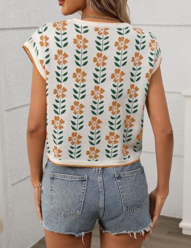 Women Floral Knitted Crop Tops, Summer Short Sleeve Sweaters Tee Shirts Ladies Casual Knit Short Tshirts3