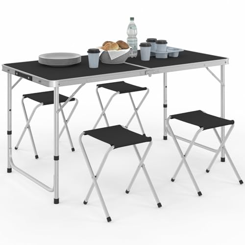 IDMarket - Table de Camping Pliante réglable en Hauteur 120 cm et 4 tabourets Noirs