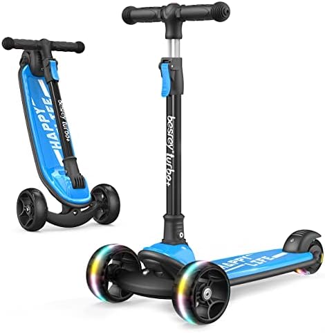 besrey Kick Scooter for Kids Ages 3-10, 3-Wheel Folding Scooter with Adjustable Height, LED Light Wheels, Extra Wide Deck for Outdoor Activities