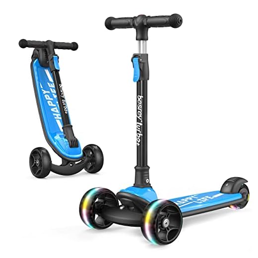 besrey Kick Scooter for Kids Ages 3-10, 3-Wheel Folding Scooter with Adjustable Height, LED Light Wheels, Extra Wide Deck for Outdoor Activities