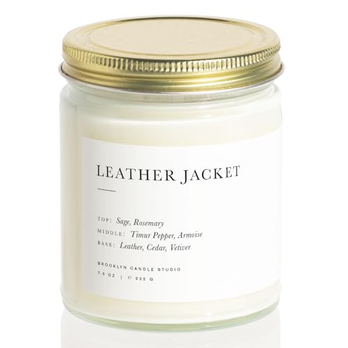 Brooklyn Candle Studio Leather Jacket Jar Candle - Luxury Scented Candle, Vegan Soy Wax, Hand Poured in The USA, 50 Hour Slow Burn Time - 7.5oz