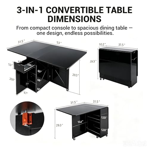 Image of Folding Dining Table with Drawer and Storage Shelves, 53 inch Space Saving Foldable Dining Table with 6 Wheels, Drop Leaf Table for Small Spaces