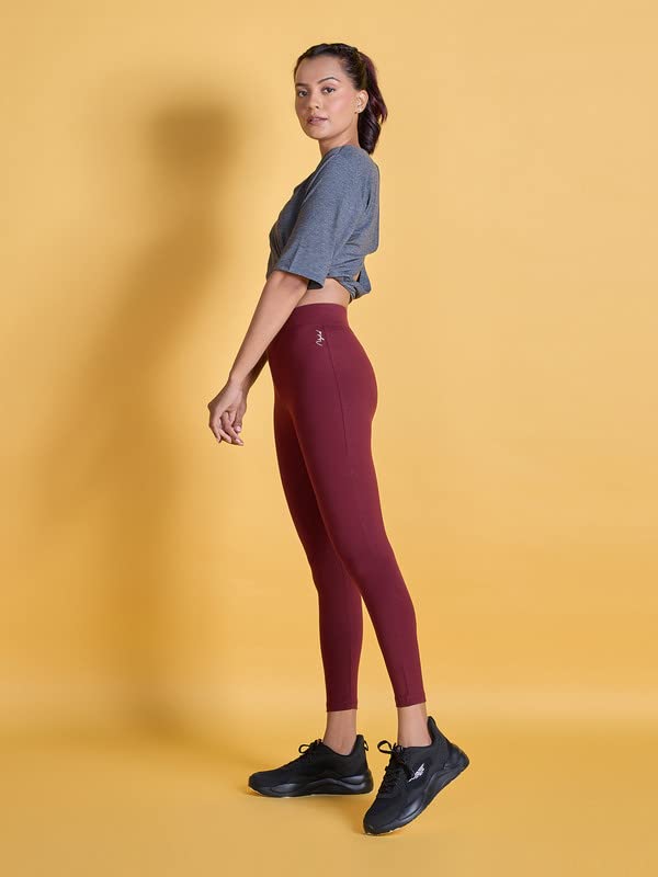 Image of NYKD Stretchable Cotton Tights /Leggings for Women, High Waist Stylish Running /Gym /Sports Wear - Legging, NYAT076, Zinfandel, XL, 1N Maroon