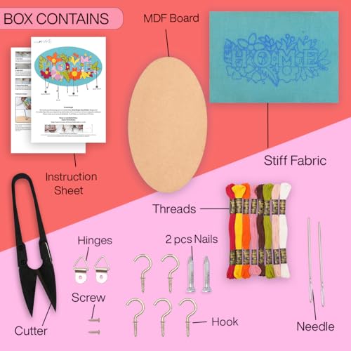 Image of picknMAKE DIY Embroidered Keychain Holder Kit - Complete Set with Oval MDF Base, Natural Jute Fabric, Home Floral Design, Multicolor Threads, Hooks, Glue, and Easy Mounting Setup
