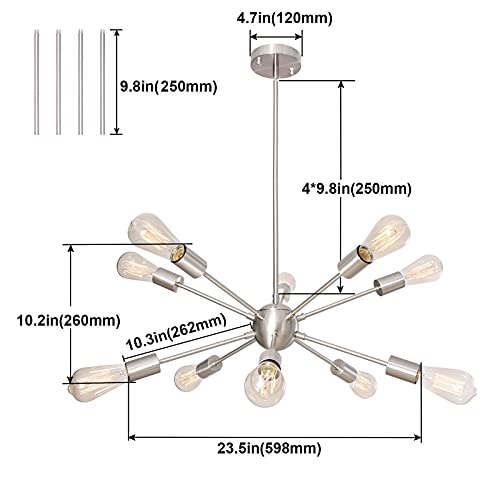 Alisadaboy Sputnik Chandeliers Light Fixture Mid Century Modern Hanging Lighting Industrial 10-Light Pendant Light For Dining Living Room Bedroom Kitchen Island Bedroom Hallway Foyer, Brushed Nickel #TOP7