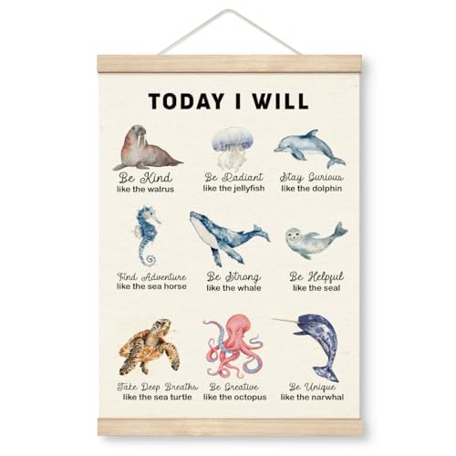 Image of Yxadu Ocean Bedroom Decor, Ocean Animals Affirmation Poster Hanger Frame, Farmhouse Wall Decor, Canvas Wall Art Paints for Classroom Nursery, Girls Boys Nursery Playroom Toddler Kids Room decorate