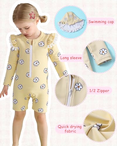 Image of Toddler Girl Swimsuit Baby Girl Bathing Suit Long Sleeve Floral Zipper One-Piece Rash Guard Swimsuit with Hat