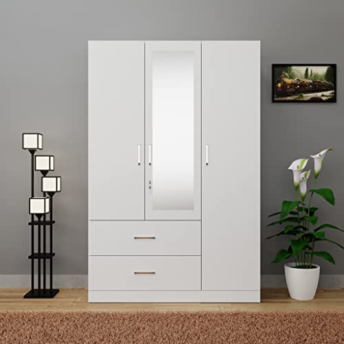Image of VIKI Wardrobe | Wooden Almirah for Clothes,Door for Bedroom, 3 Door Wardrobe with Drawer, Mirror & Hanging Space (Frosty White - 40D x 120W x 180H) | 1 Year Warranty | Free Assembly