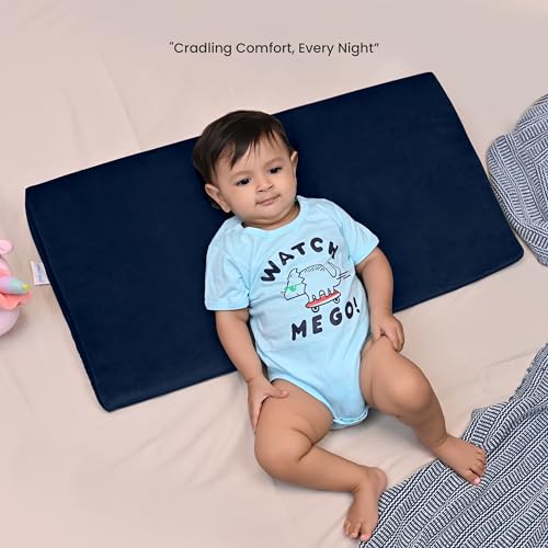 Image of Cherilo Wedge Pillow for Baby Acid Reflux | Full Size Elevated Pillow for Crib & Mattress, 28 inch x 14 inch x 3 inch | Helps Elevate Baby for Comfort | Removable Velvet Cover - Navy Blue