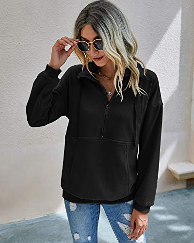 Image of PRETTYGARDEN Women's Casual Long Sleeve Zipper Sweatshirt Drawstring Loose Quarter Zip Pullover Tops with Pockets