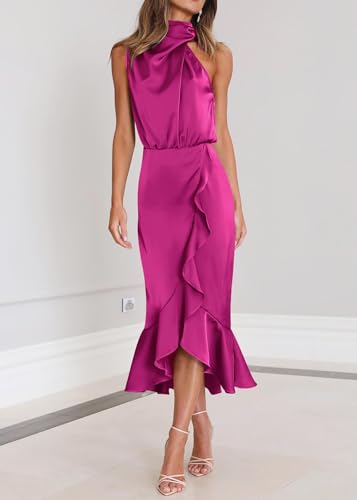 Image of KIRUNDO Women's Summer Satin Mock Neck Wedding Guest Dress | Party Cocktail Midi Dress, 2026 Spring Fashion, Silky, Elegant Classy Halter High Neck, Sleeveless Wrap Ruffle Formal Dress