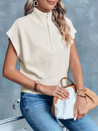 Langwyqu Womens Short Sleeve Cropped Knit Tops Half Zip Cap Sleeve Lightweight Oversized Sweater Vest3