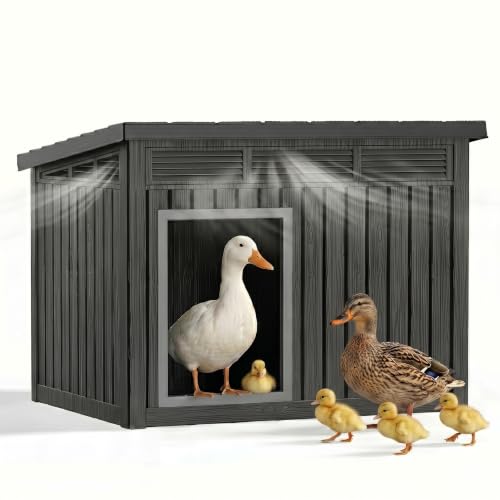 Chicken Coop with Hydraulic Air Rod, Resin Duck Coop with Elevated Floor and Air Vents, Duck House, Backyard Poultry Pet Shelter with Weatherproof Openable Roof, for Chicken, Ducks, Rabbits, Black