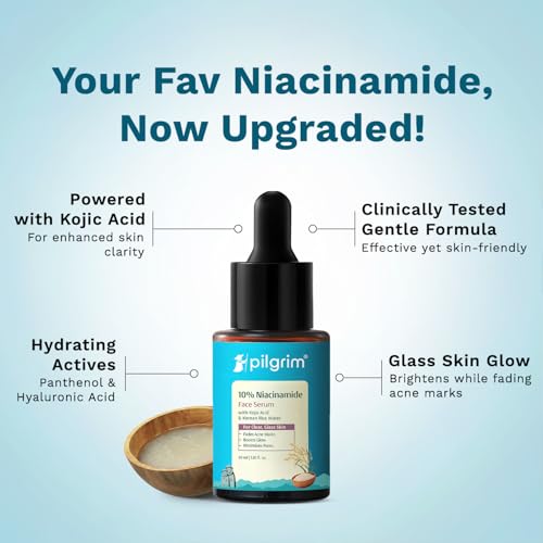 Image of Pilgrim 10% Niacinamide Face Serum for Acne Marks with Korean Rice Water - 30 ml | Fades Dark Spots, Controls Oil, Minimizes Pores, Strengthens Skin Barrier | Quick Absorbing | For All Skin Type