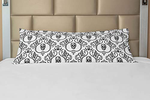 Lunarable Skull Body Pillow Case Cover With Zipper, Vintage Ornamental Skeleton Part Baroque Style Illustration Floral Arrangement, Decorative Accent Long Pillowcase, 21" X 54", Black White #TOP29