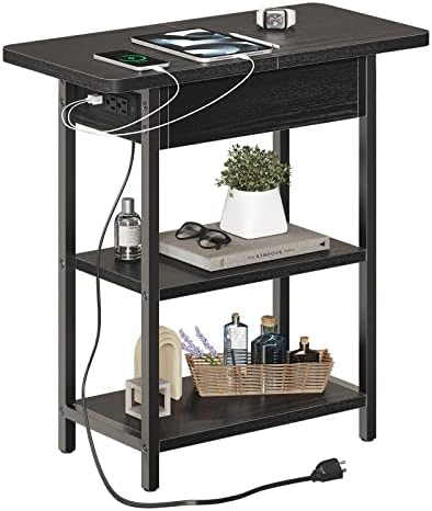 End Table with Charging Station, Narrow Side Table with USB Ports and Outlets, Flip Top Nightstand / Bedside Table / Sofa Couch Table for Small Spaces / Slim End Table for Living Room Bedroom Office