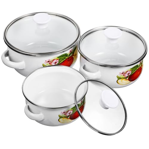 HEALEEP Ollas Esmaltadas Mini 3 Piezas Asas Dobles, Cacerolas Vintage para Sopa y Leche, Tamaños 12-14-16 Cm, Utensilios Cocina Prácticos para Uso Diario y Restaurante Estilo Aleatorio