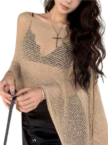 Poncho Summer, Mesh Womens Sheer Knit，Poncho Shrug, Pullover Sweater Lightweight Crochet Poncho Ruffle Top for Women(Gold)