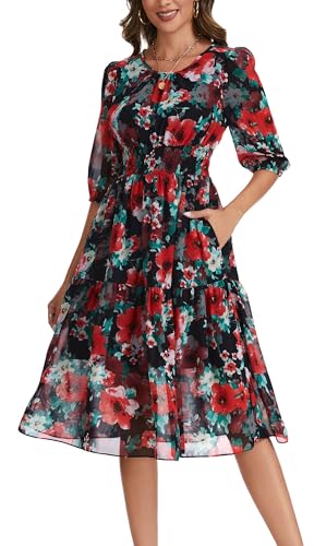 Image of Kormei Women Casual Boho Floral Round Neck 3 /4 Sleeve Smocked Waist Tiered A Line Flowy Swing Midi Dress Long Dresses