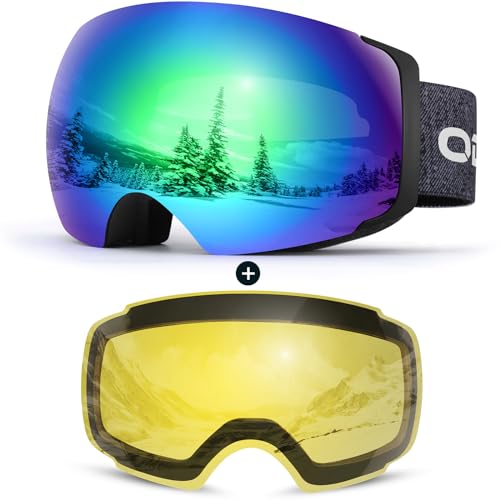 Odoland Magnetic Interchangeable Ski Goggles with 2 Lens, Large Spherical Frameless Snow Snowboard Goggles for Men Women,Black frame green lens, vlt 1
