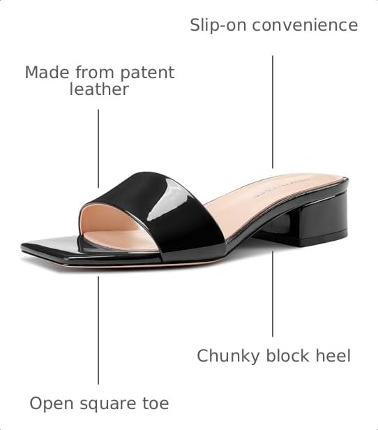 Image of TNYNFBEB Womens Chunky Block Low Heel Open Square Toe Sandals Mules Shoes Slip-on Prom Party Dress Patent Leather 1.4 Inches Heels